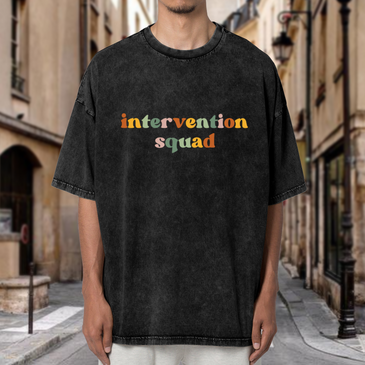 Unisex washed graphic T-shirt with Intervention Squad T-shirt Teacher themed design, product image