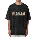 Unisex washed graphic T-shirt with My Cat Ate My Lesson Plan themed design, product image