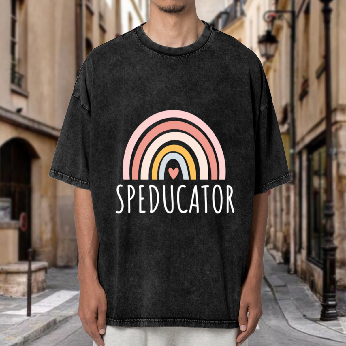 Unisex washed graphic T-shirt with Speducator themed design, product image
