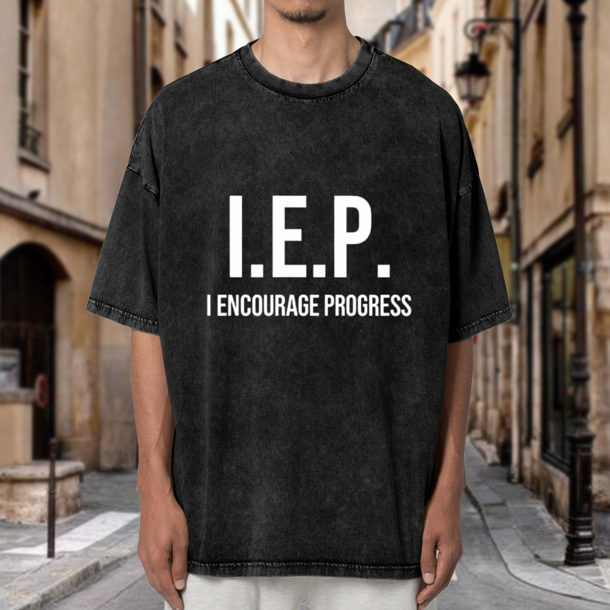 Unisex washed graphic T-shirt with IEP themed design, product image