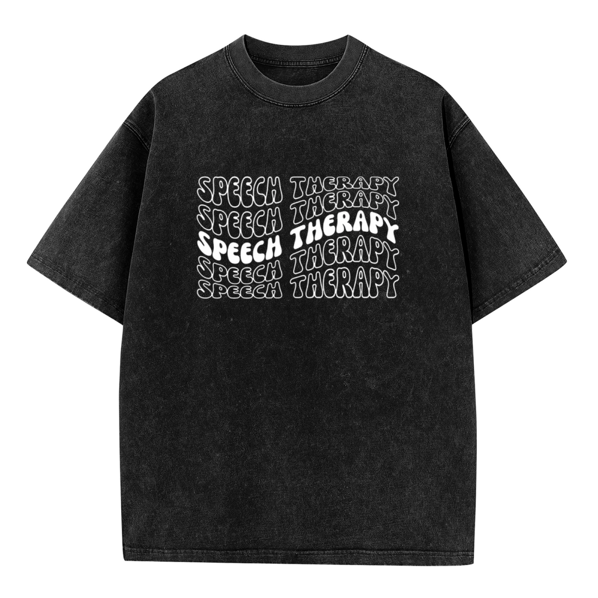 Product image of washed graphic T-shirt featuring 'Speech Therapy' statement design