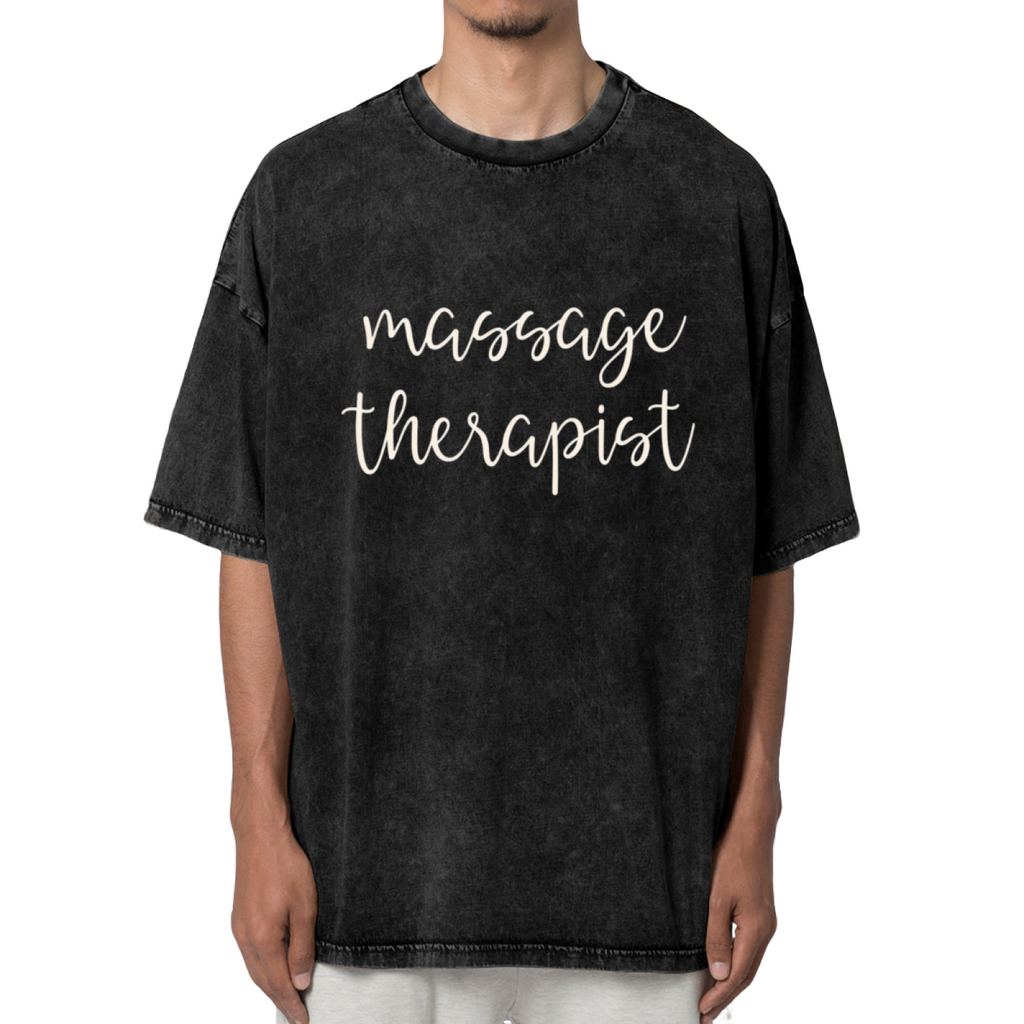 Product image of washed graphic T-shirt featuring 'Massage Therapy' statement design