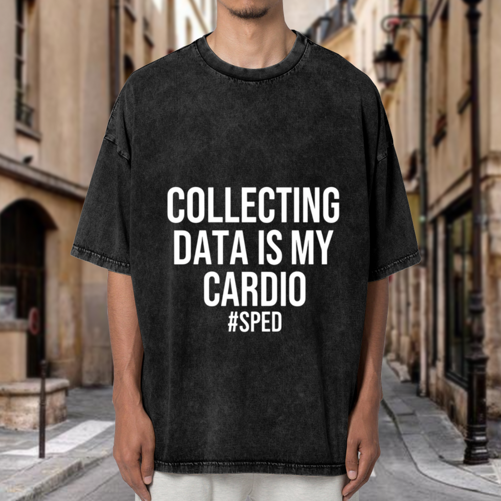 Product image of washed graphic T-shirt featuring 'Collecting Data Is My Cardio' statement design