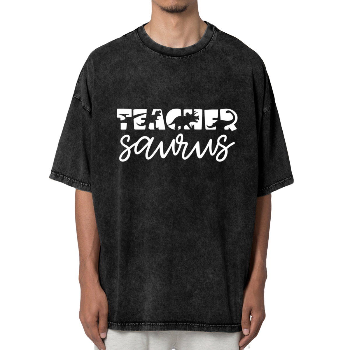 Unisex washed graphic T-shirt with Teachersaurus themed design, product image