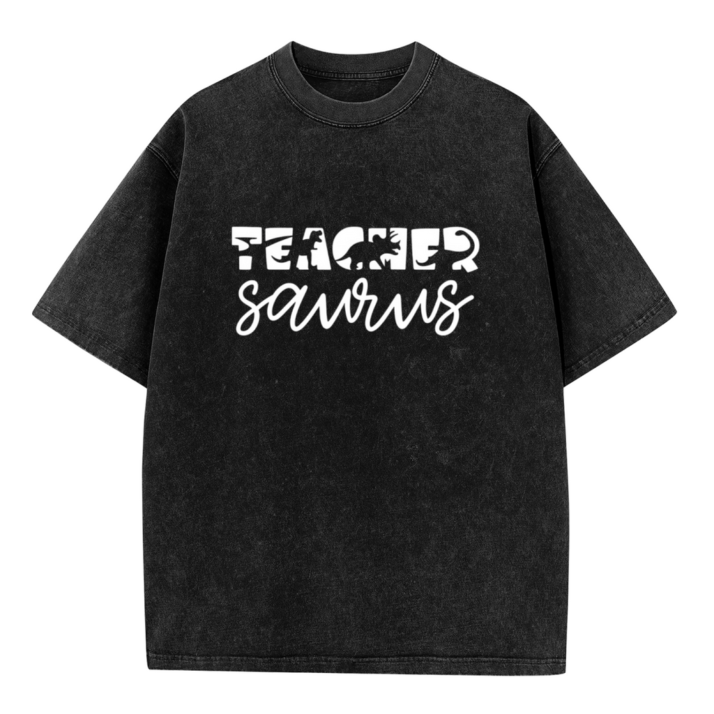 Unisex washed graphic T-shirt with Teachersaurus themed design, product image