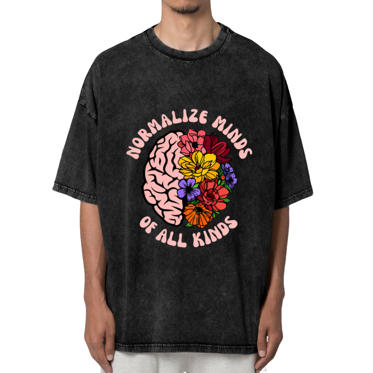 Unisex washed graphic T-shirt with Normalize Minds Of All Kinds themed design, product image