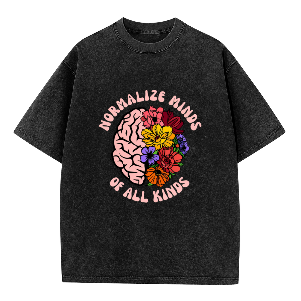 Unisex washed graphic T-shirt with Normalize Minds Of All Kinds themed design, product image