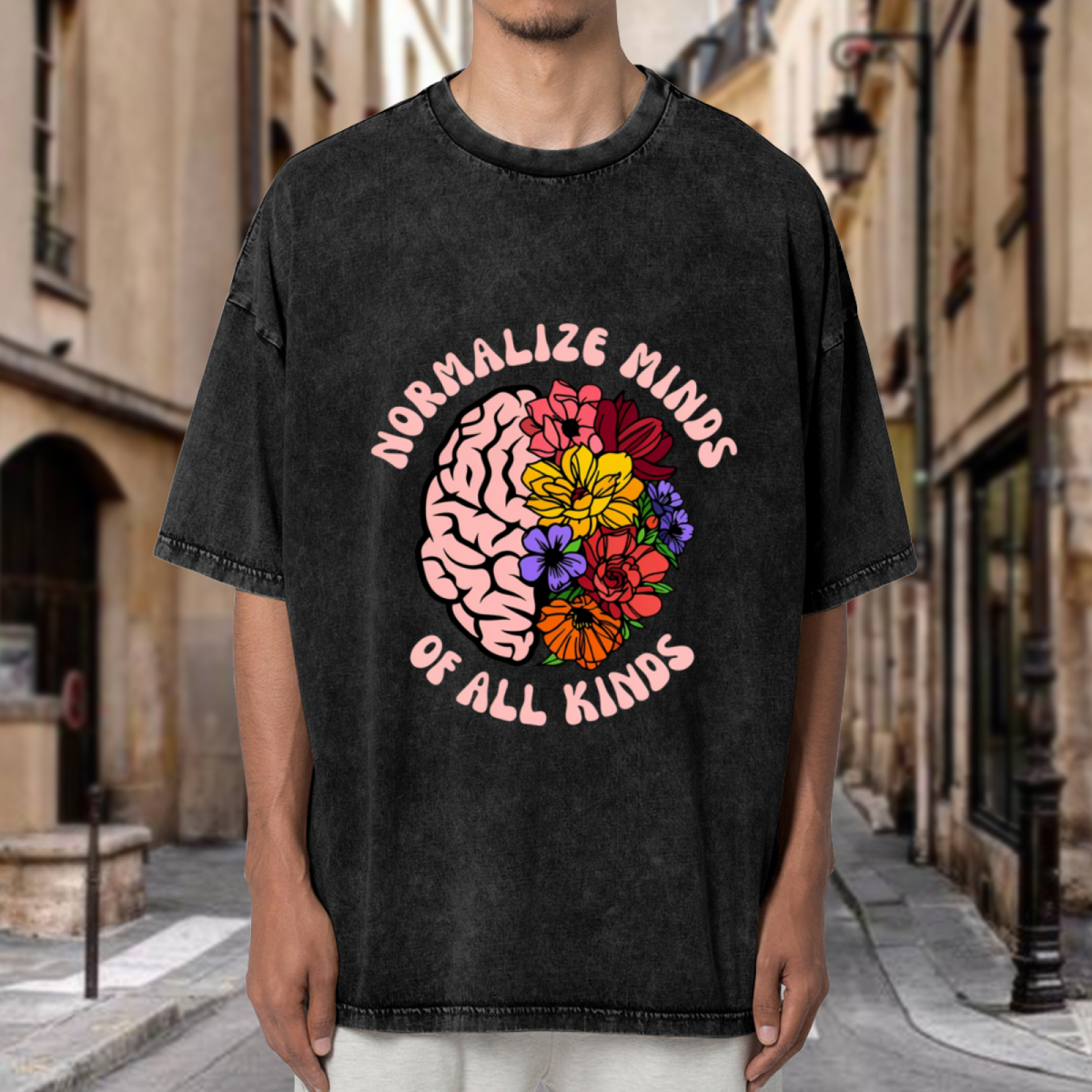 Unisex washed graphic T-shirt with Normalize Minds Of All Kinds themed design, product image