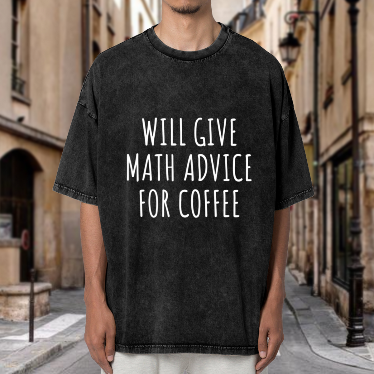 Unisex washed graphic T-shirt with Will Give Math Advice For Coffee themed design, product image