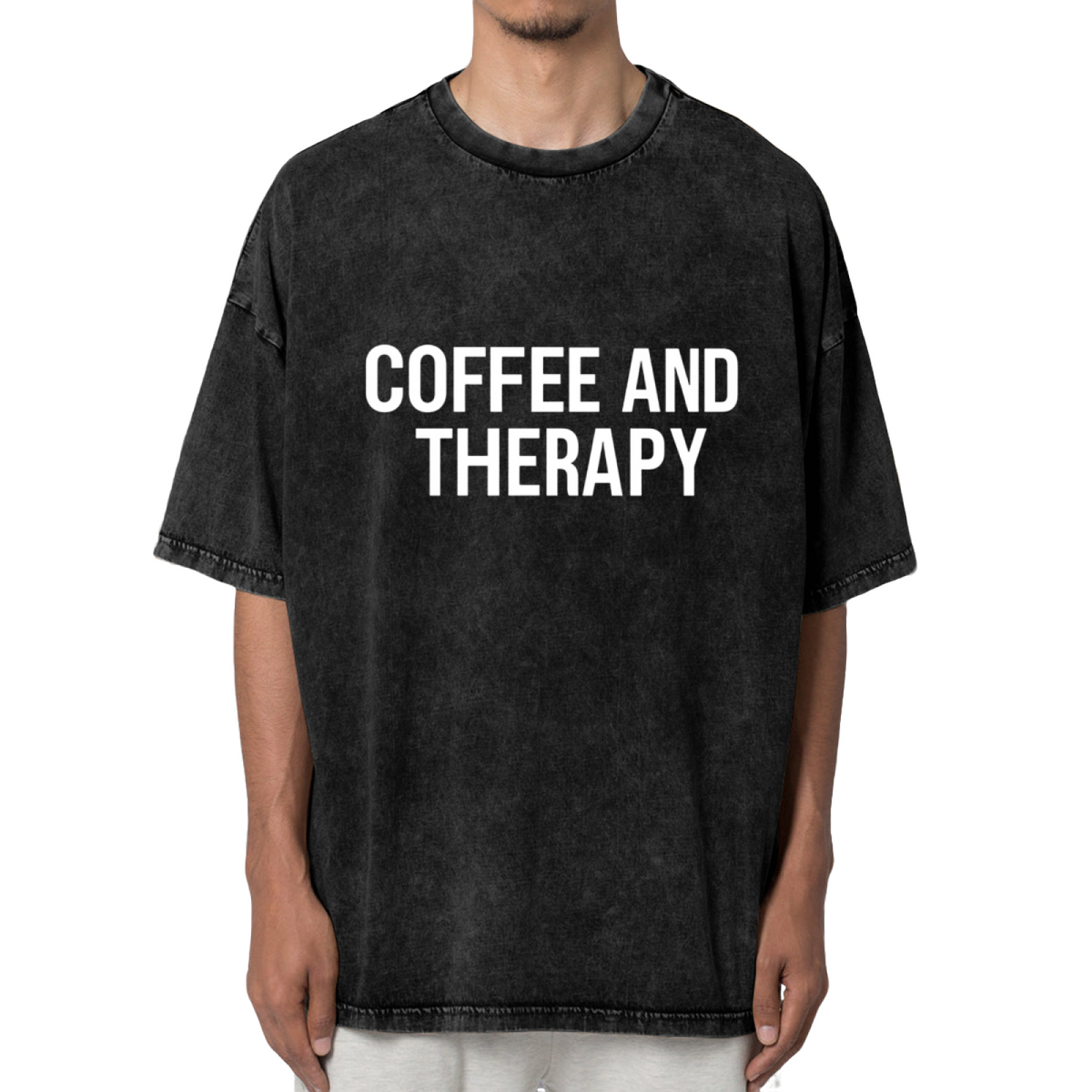 Product image of washed graphic T-shirt featuring 'Coffee and Therapy' statement design