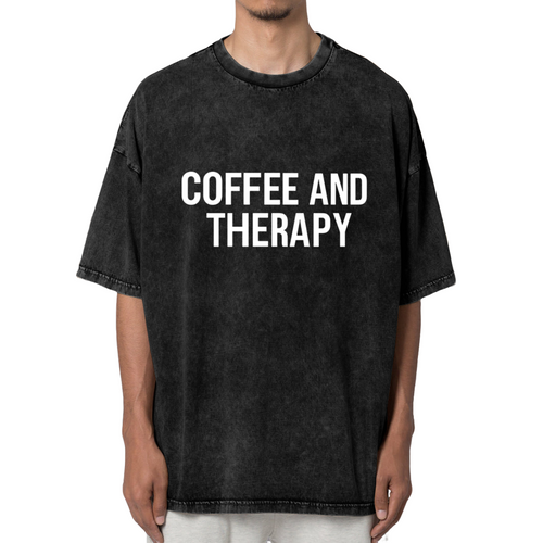 Product image of washed graphic T-shirt featuring 'Coffee and Therapy' statement design