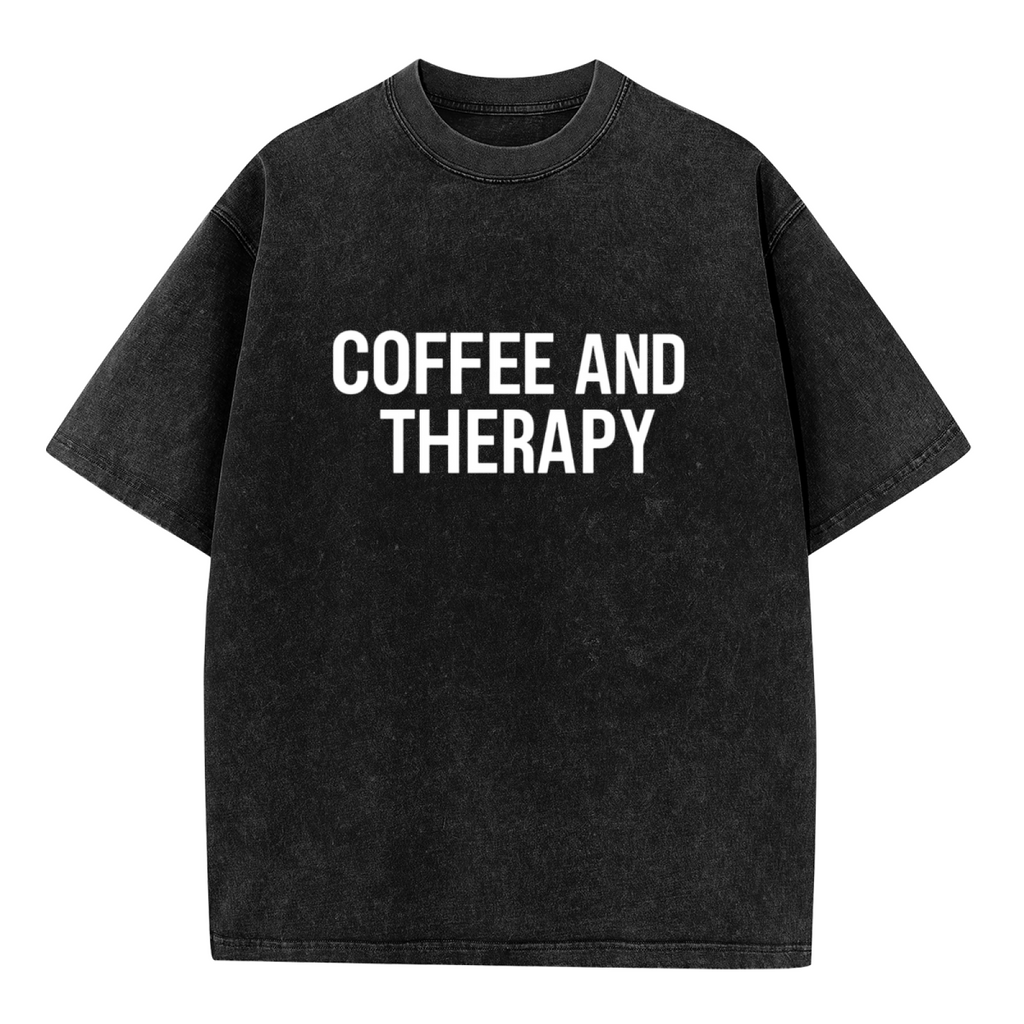Product image of washed graphic T-shirt featuring 'Coffee and Therapy' statement design