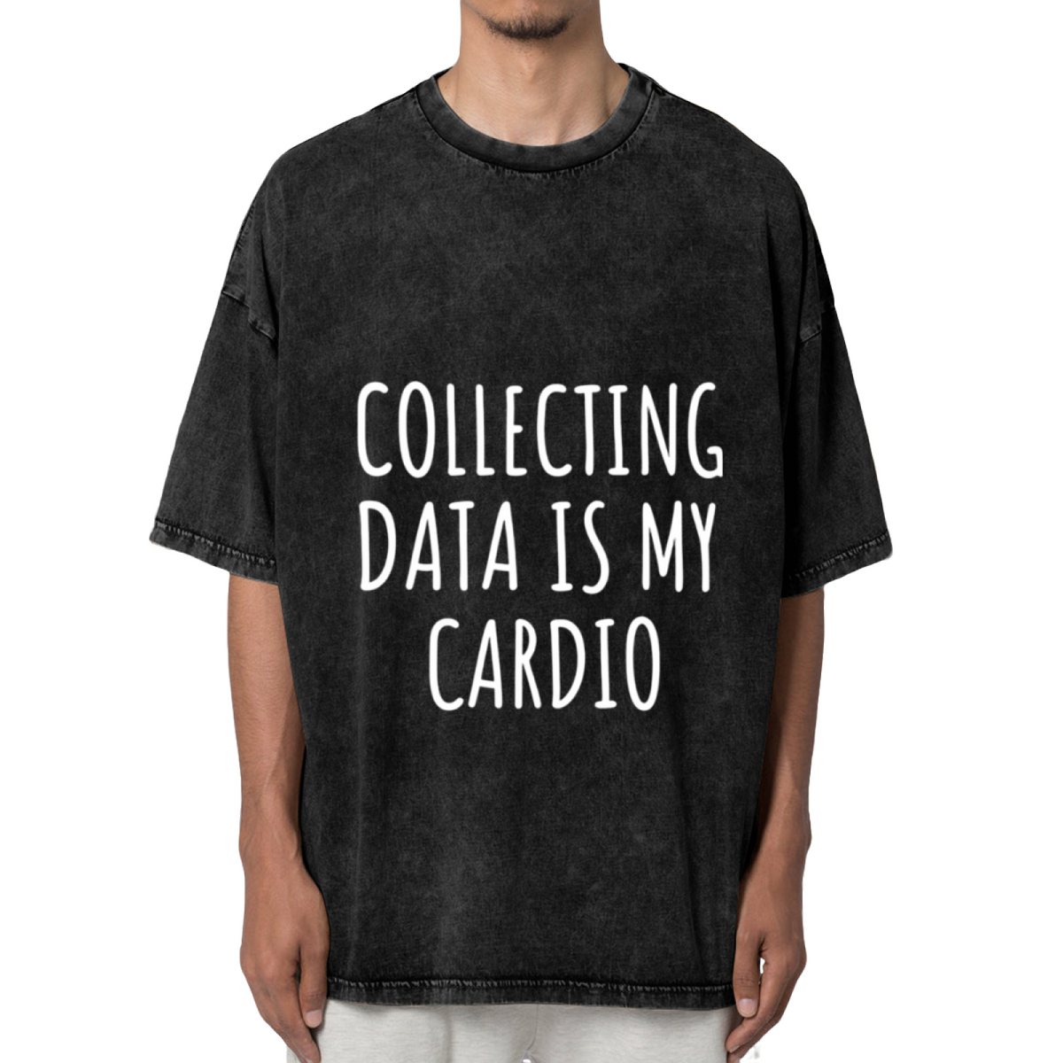 Unisex washed graphic T-shirt with Collecting Data Is My Cardio themed design, product image