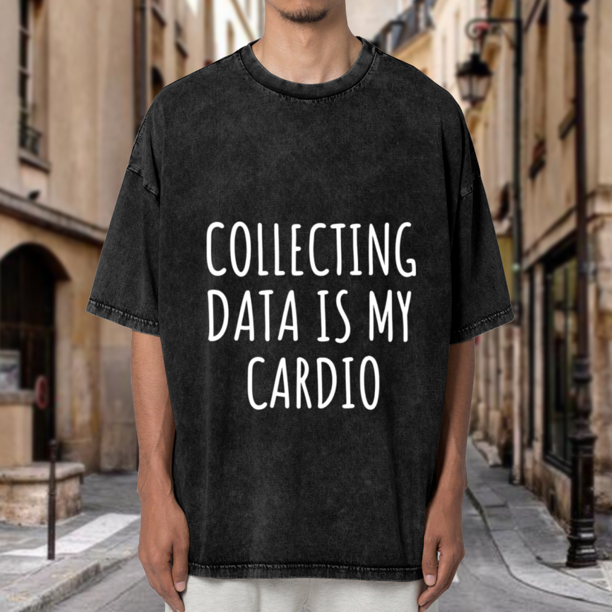 Unisex washed graphic T-shirt with Collecting Data Is My Cardio themed design, product image
