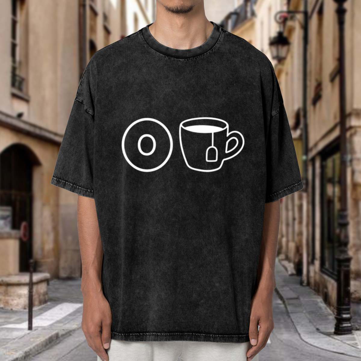 Unisex washed graphic T-shirt with O-Tea themed design, product image