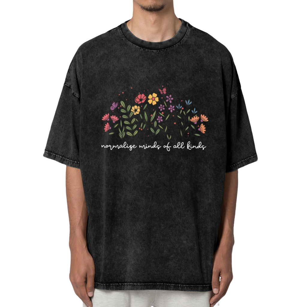 Product image of washed graphic T-shirt featuring 'Normalize Minds of All Kinds' statement design