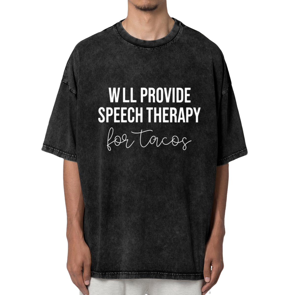 Product image of washed graphic T-shirt featuring 'Speech Therapy for Tacos SLP' statement design