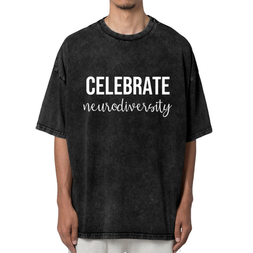 Unisex washed graphic T-shirt with Celebrate Neurodiversity themed design, product image
