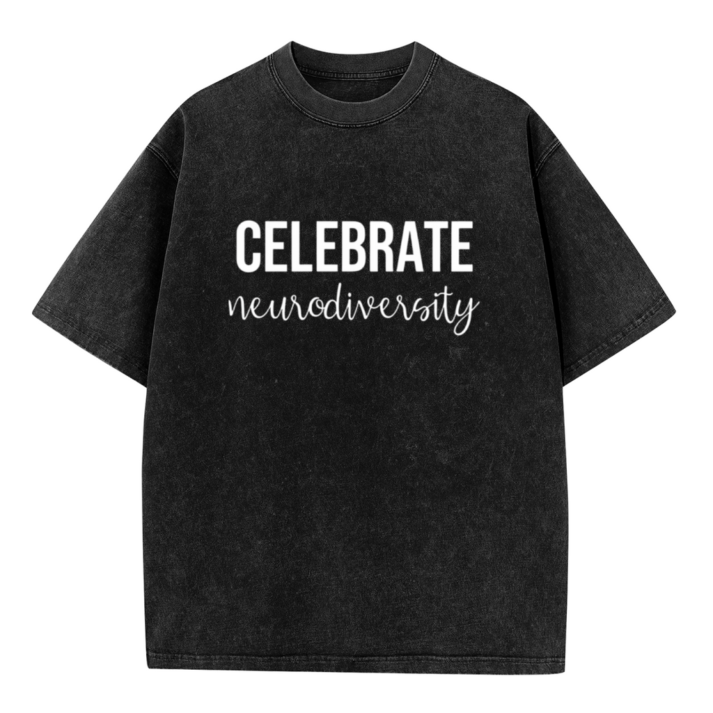Unisex washed graphic T-shirt with Celebrate Neurodiversity themed design, product image