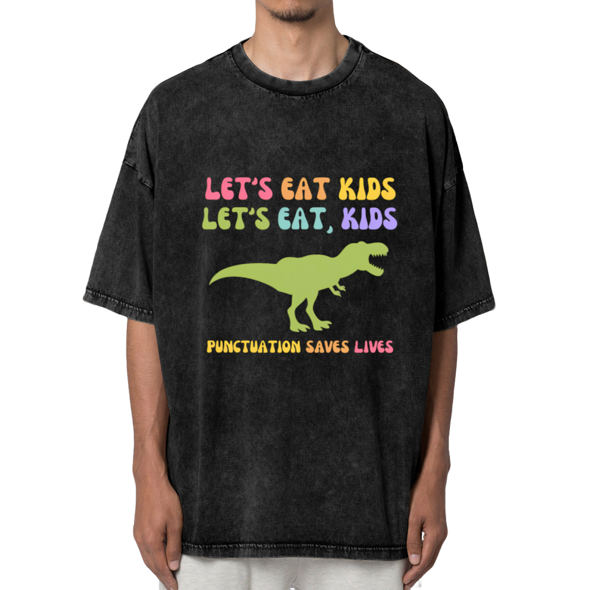 Unisex washed graphic T-shirt with Let's Eat Kids Punctuation Saves Lives themed design, product image