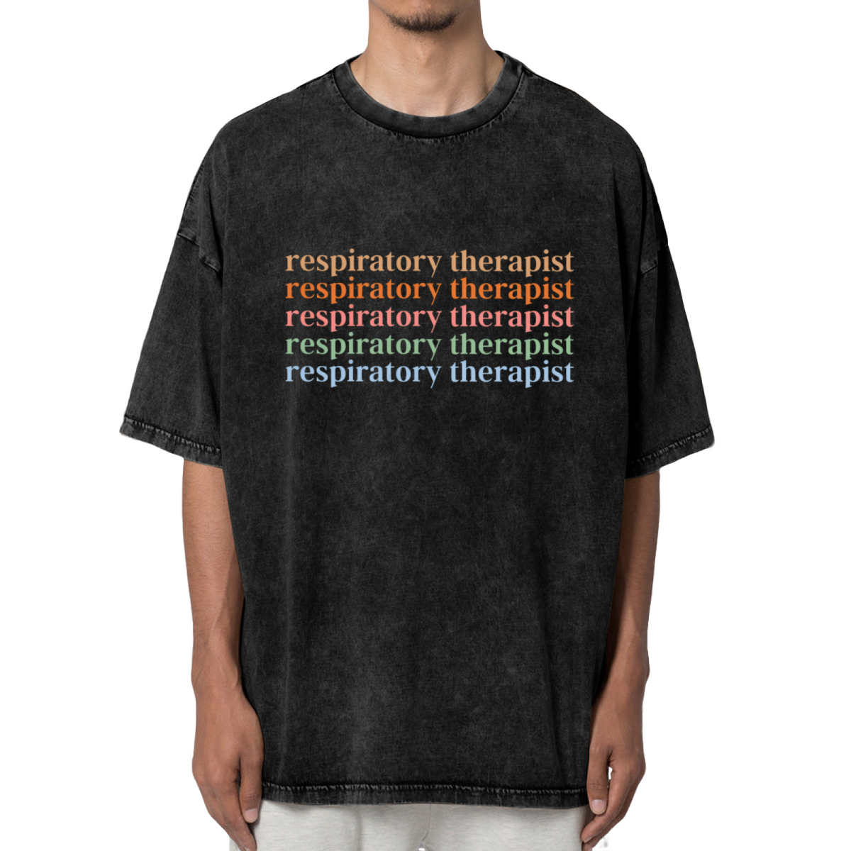 Product image of washed graphic T-shirt featuring 'Respiratory Therapist RT' statement design