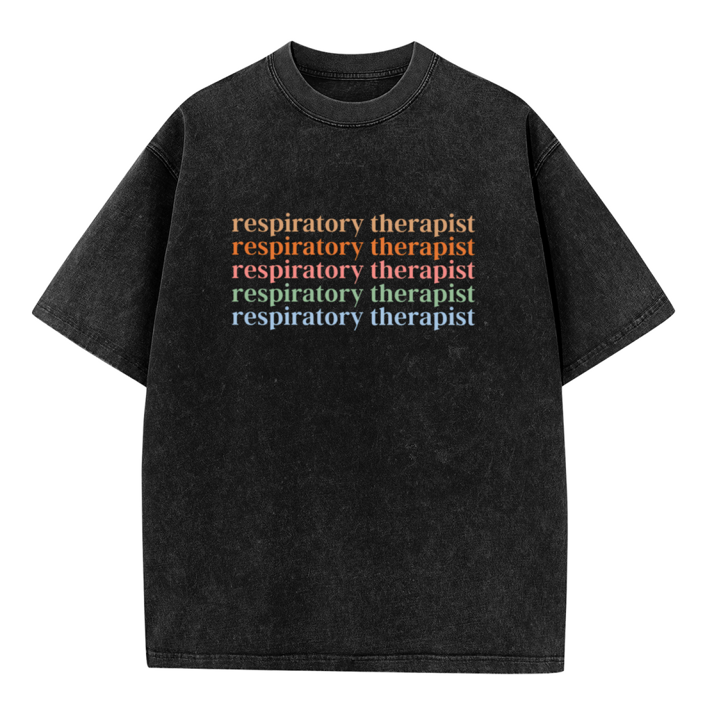 Product image of washed graphic T-shirt featuring 'Respiratory Therapist RT' statement design