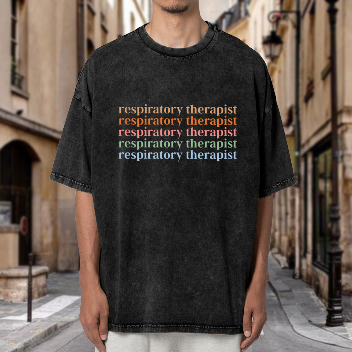 Product image of washed graphic T-shirt featuring 'Respiratory Therapist RT' statement design