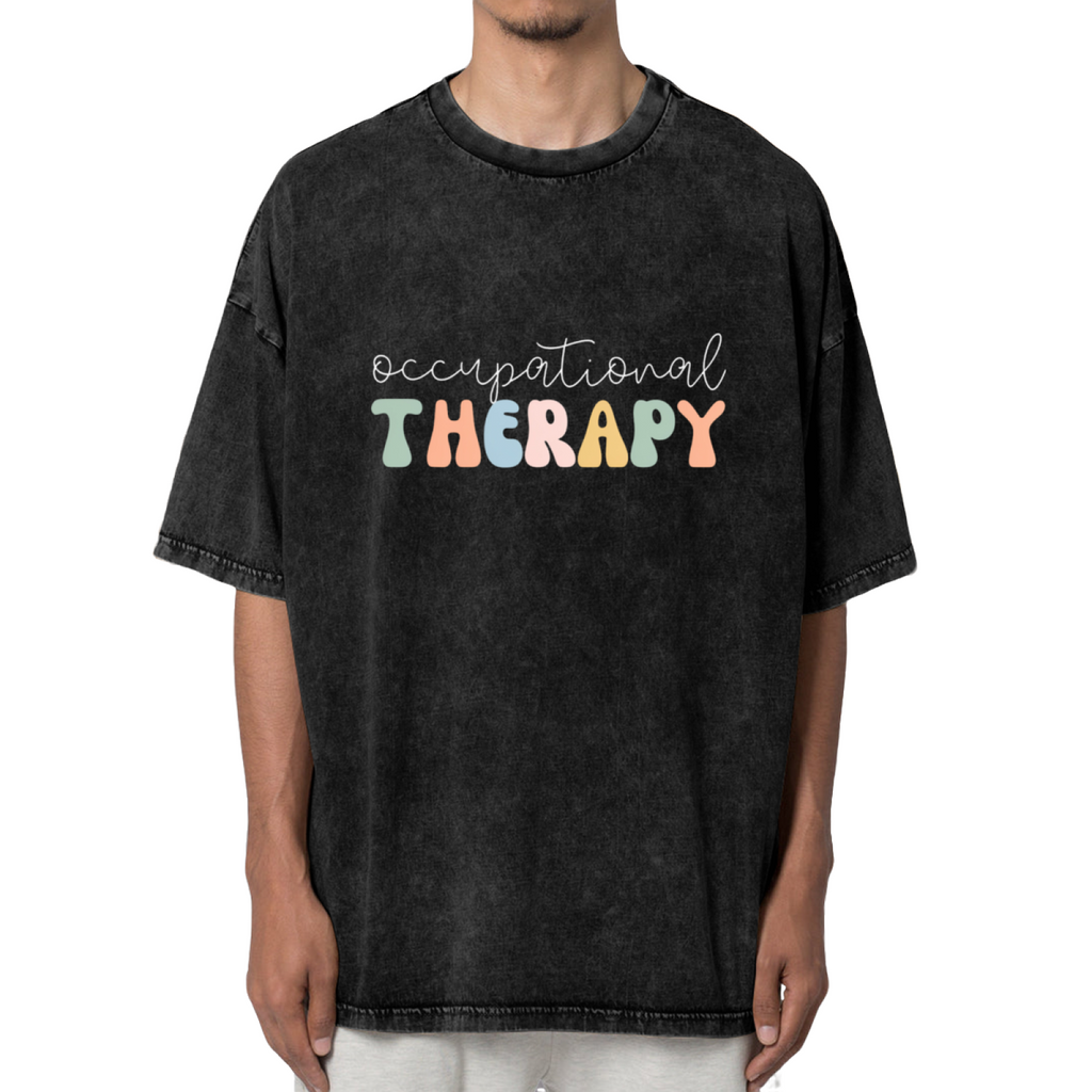 Product image of washed graphic T-shirt featuring 'Occupational Therapy Graphic' statement design