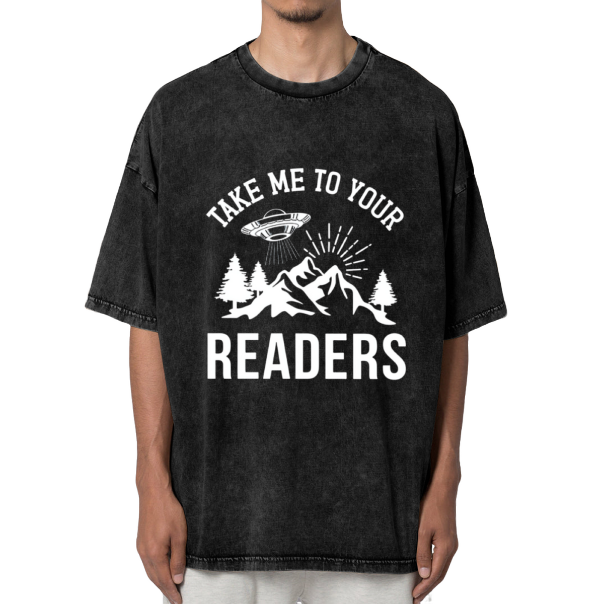 Unisex washed graphic T-shirt with Take Me To Your Readers themed design, product image