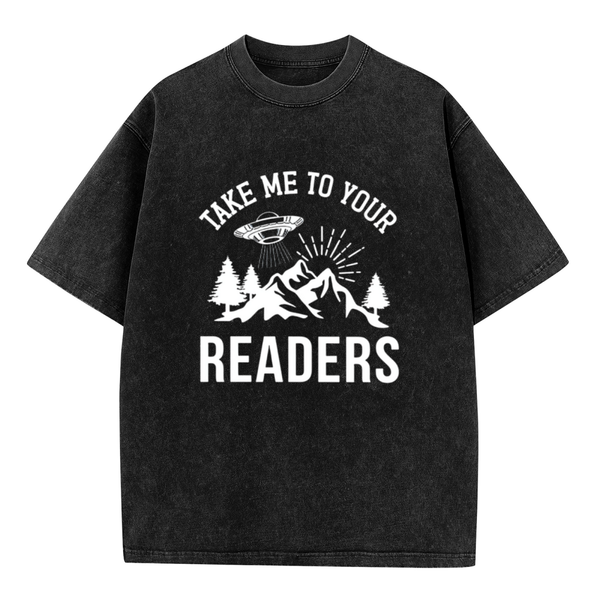Unisex washed graphic T-shirt with Take Me To Your Readers themed design, product image
