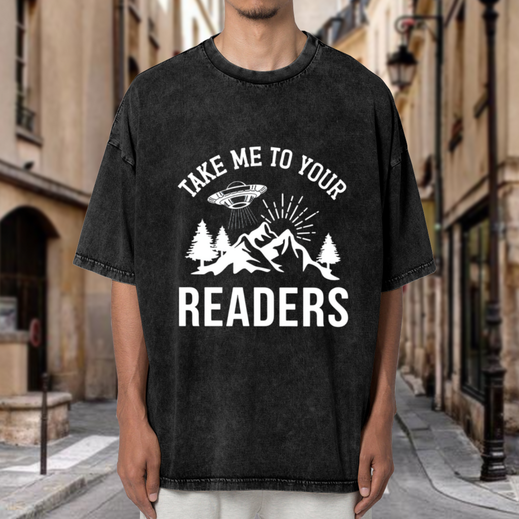 Unisex washed graphic T-shirt with Take Me To Your Readers themed design, product image