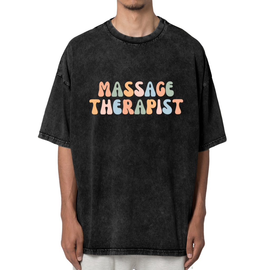 Product image of washed graphic T-shirt featuring 'Massage Therapist' statement design