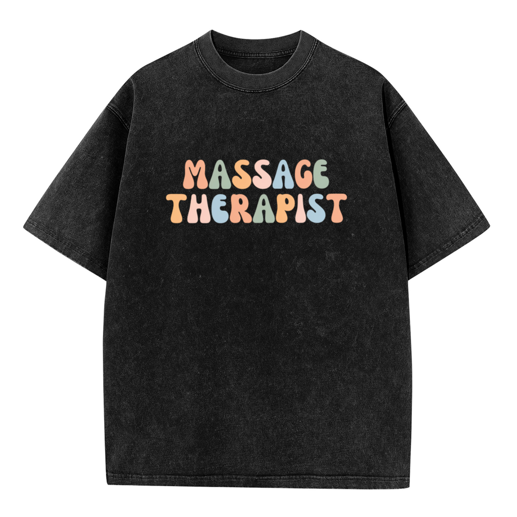 Product image of washed graphic T-shirt featuring 'Massage Therapist' statement design