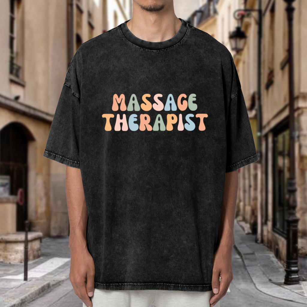 Product image of washed graphic T-shirt featuring 'Massage Therapist' statement design