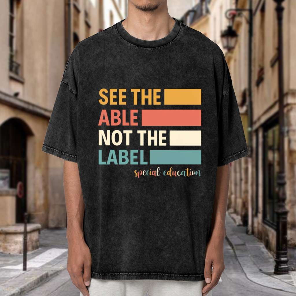 Unisex washed graphic T-shirt with See The Able Not The Label Sped Teacher themed design, product image