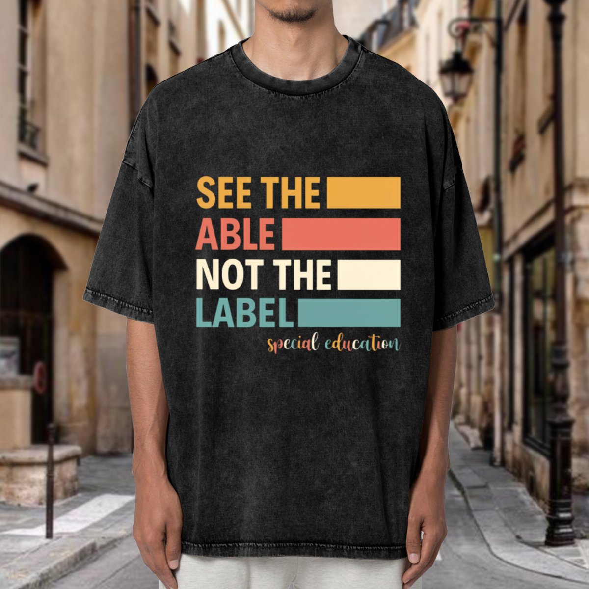 Unisex washed graphic T-shirt with See The Able Not The Label Sped Teacher themed design, product image