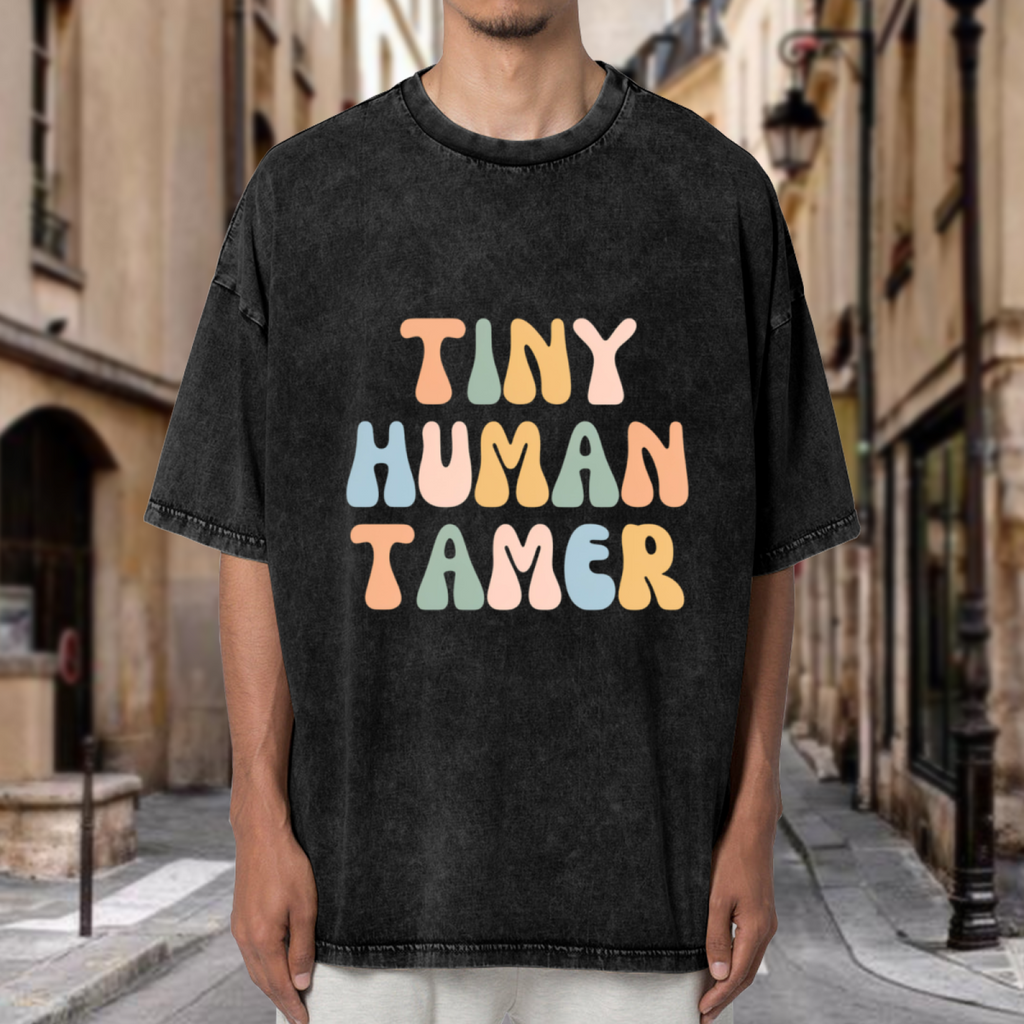 Unisex washed graphic T-shirt with Tiny Human Tamer Shirt Funny Daycare Teacher Shirt Teacher Gifts Preschool Teacher Gift Kindergarten Teacher Shirt Babysitting Shirt Nanny t