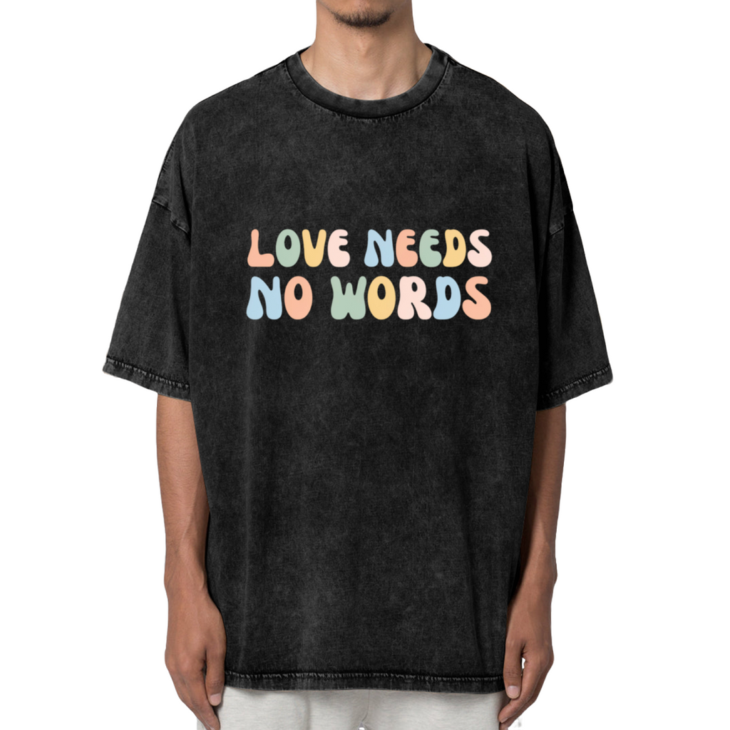 Unisex washed graphic T-shirt with Love Needs No Words themed design, product image