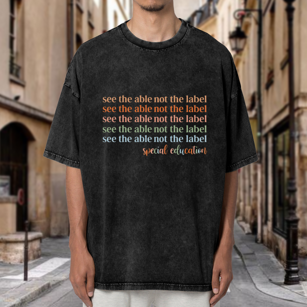 Unisex washed graphic T-shirt with See The Able Not The Label Special Education Teacher themed design, product image