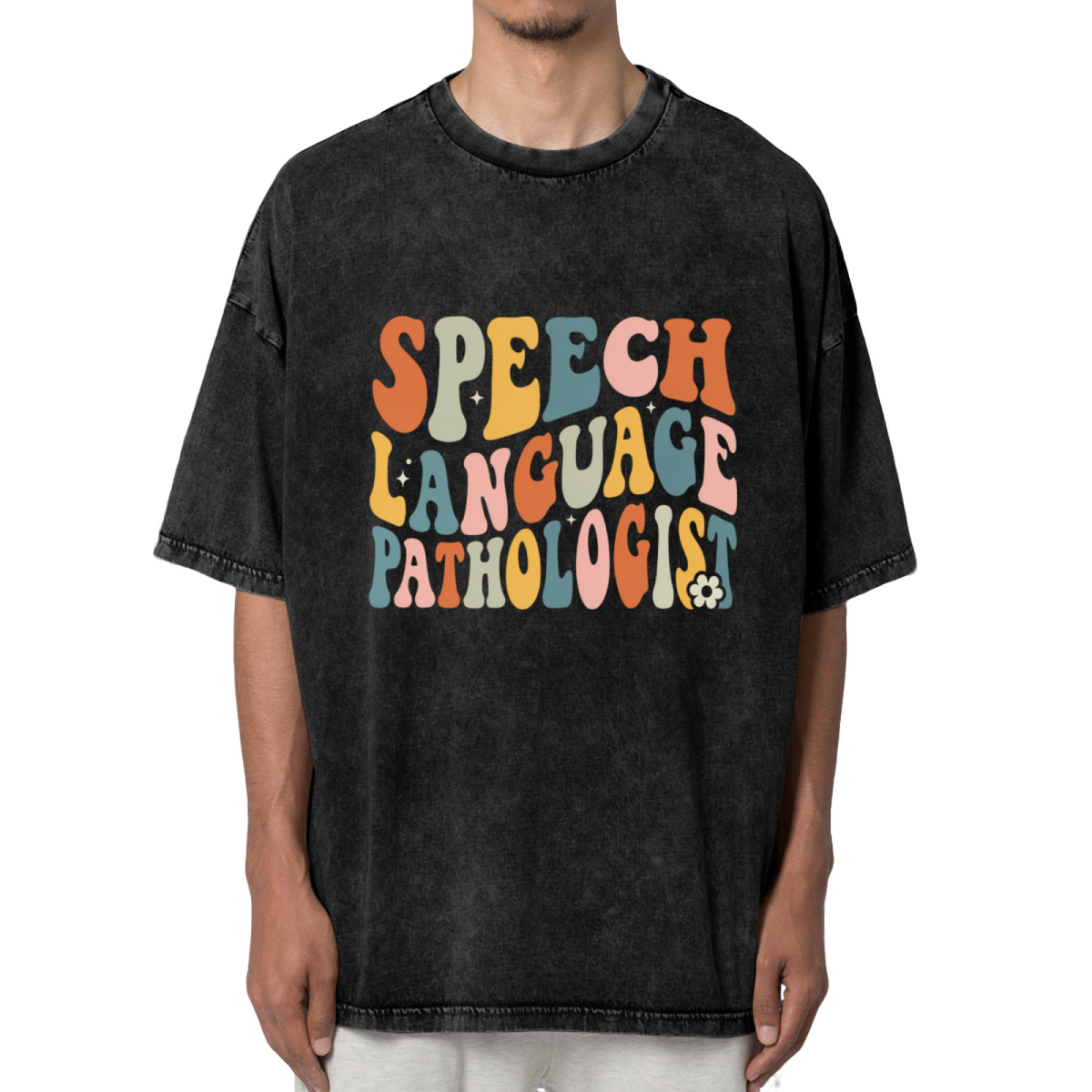 Unisex washed graphic T-shirt with SLP Speech Language Pathologist themed design, product image