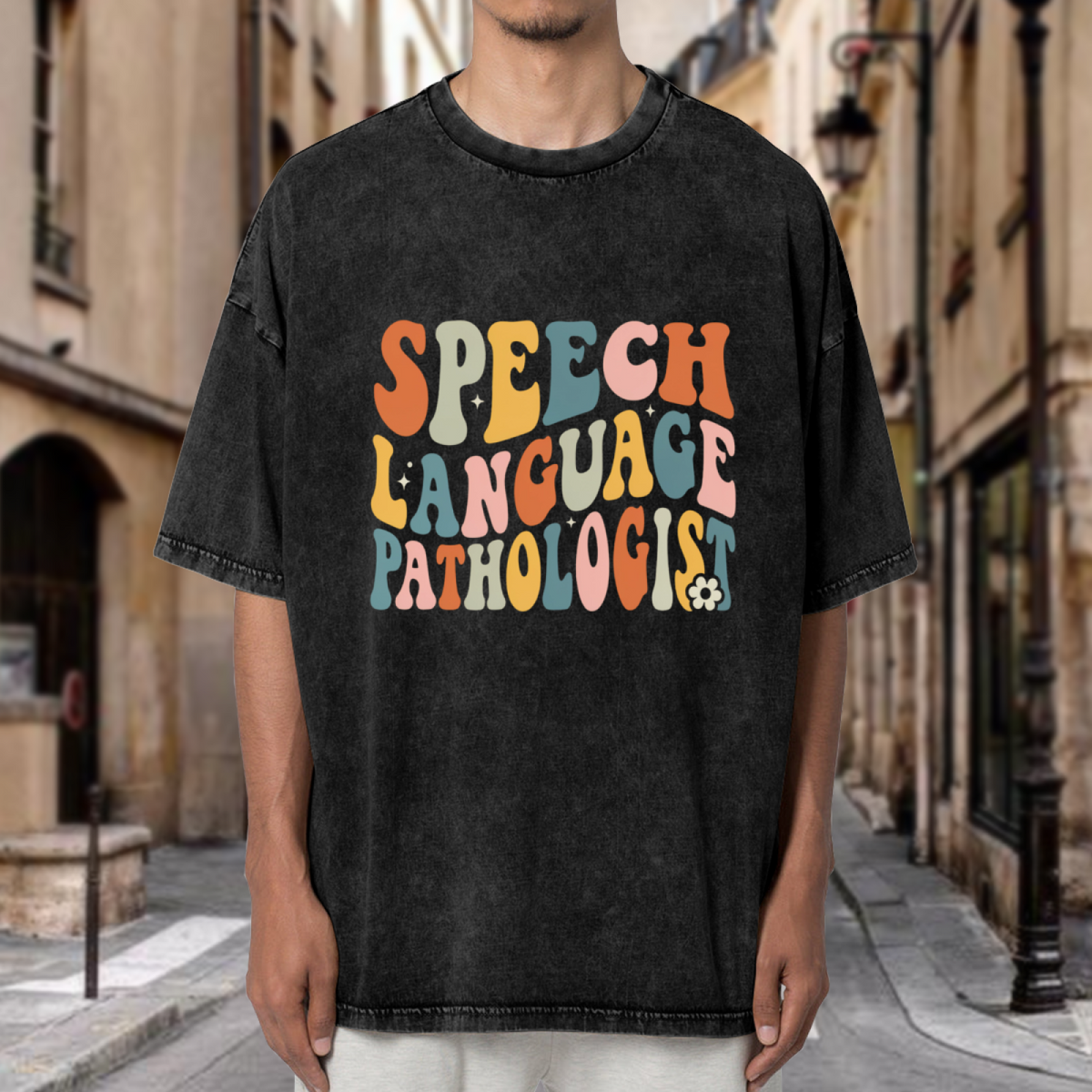 Unisex washed graphic T-shirt with SLP Speech Language Pathologist themed design, product image