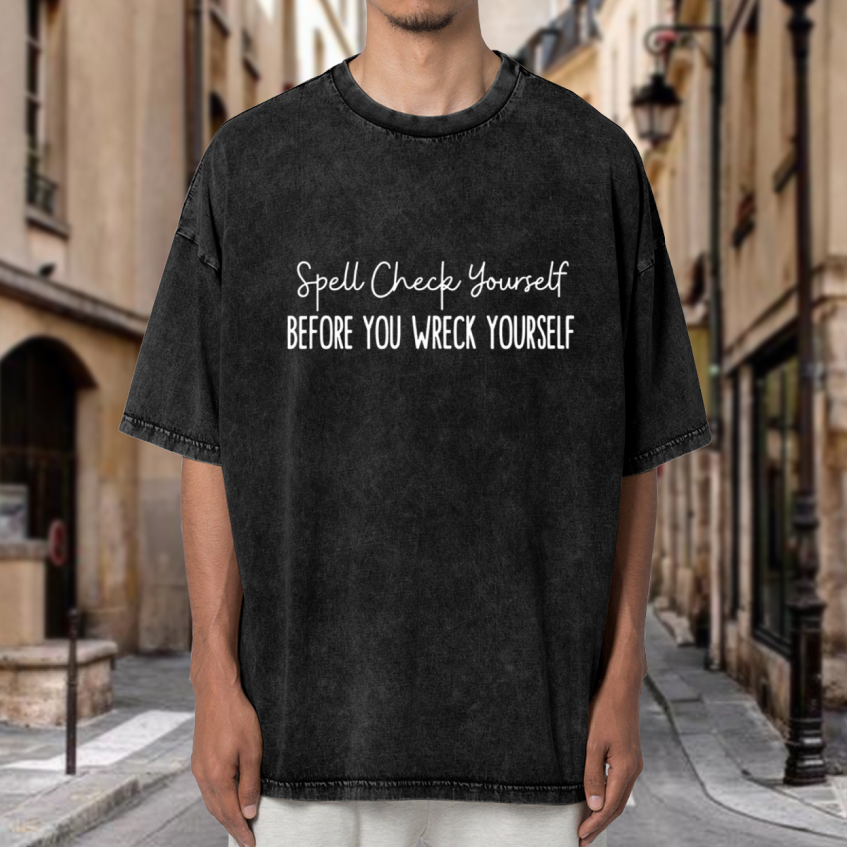 Unisex washed graphic T-shirt with Spell Check Yourself Before You Wreck Yourself English Teacher Shirt English Teacher Gift Funny Grammar Shirt Funny English Teacher themed d