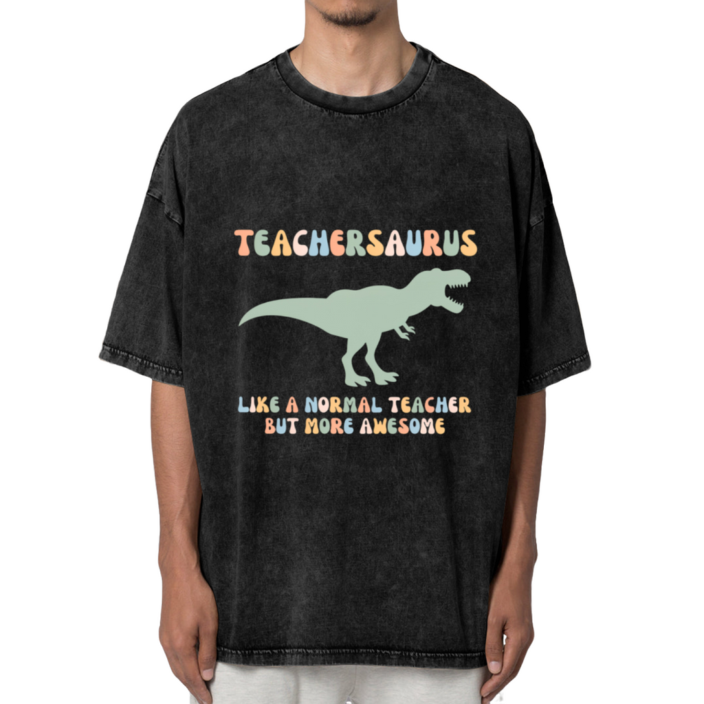 Unisex washed graphic T-shirt with Teachersaurus themed design, product image