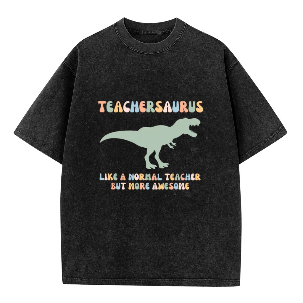 Unisex washed graphic T-shirt with Teachersaurus themed design, product image