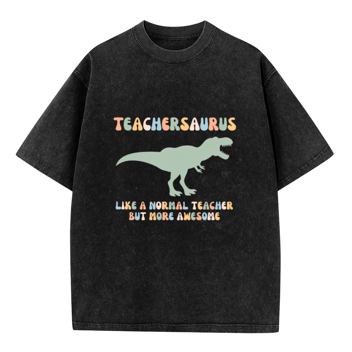 Unisex washed graphic T-shirt with Teachersaurus themed design, product image