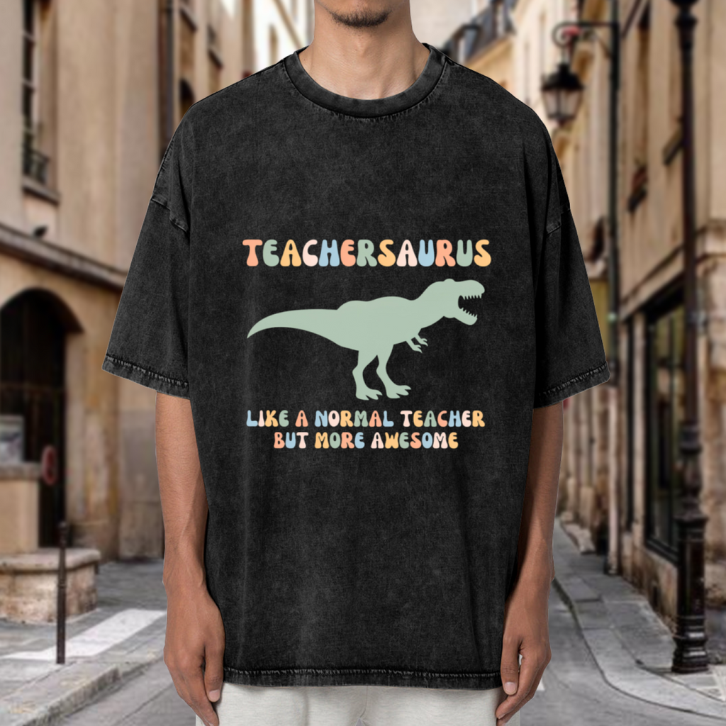 Unisex washed graphic T-shirt with Teachersaurus themed design, product image