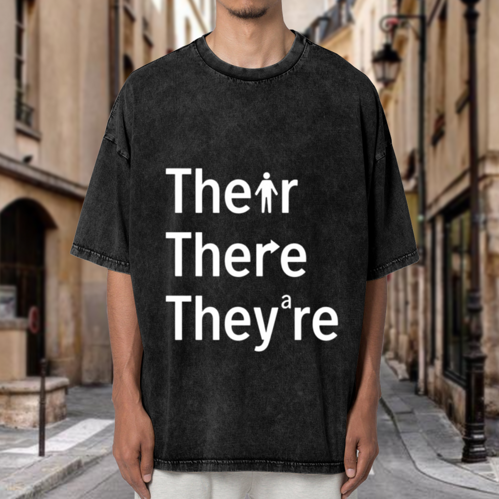 Unisex washed graphic T-shirt with Their There They're themed design, product image
