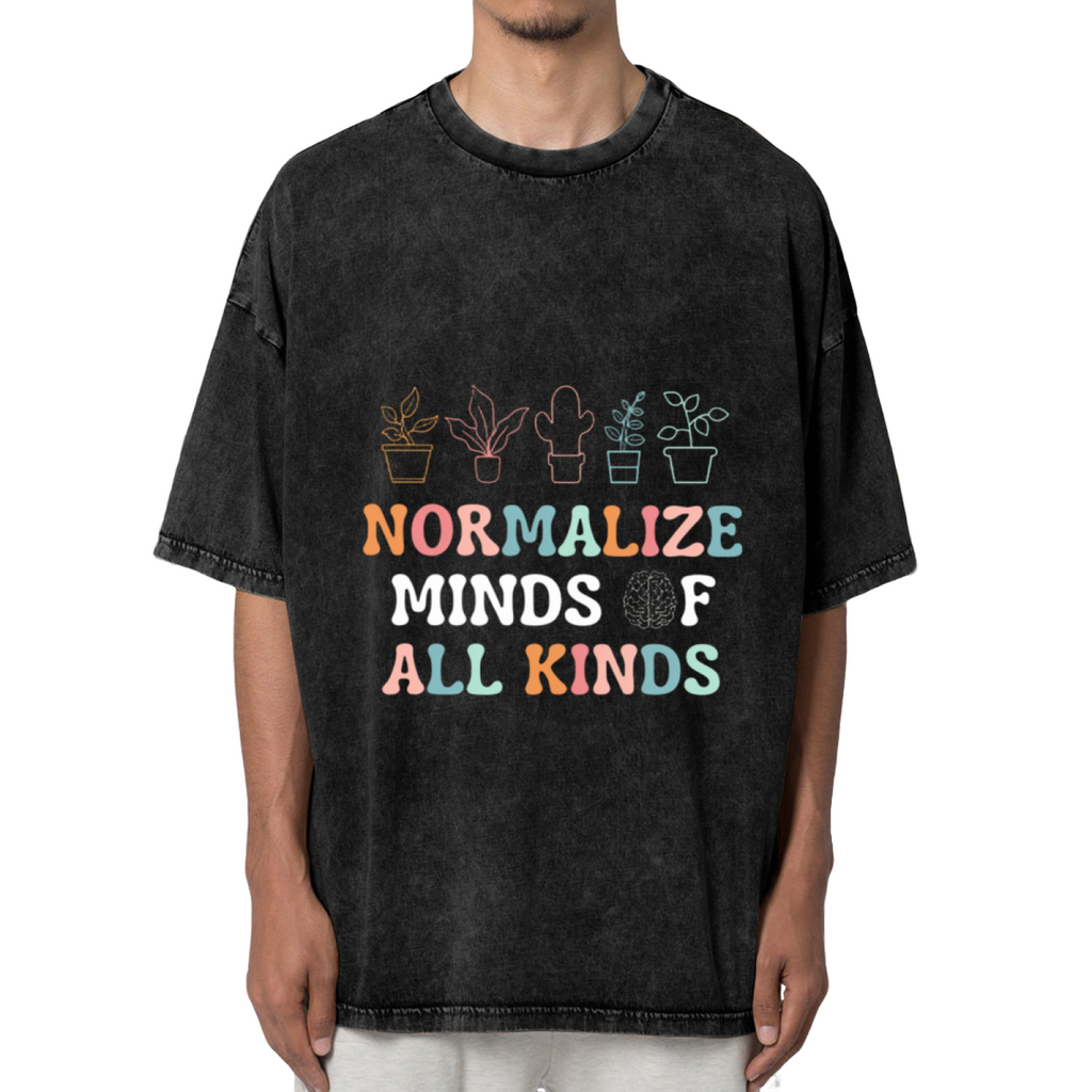 Unisex washed graphic T-shirt with Normalize Minds Of All Kinds themed design, product image