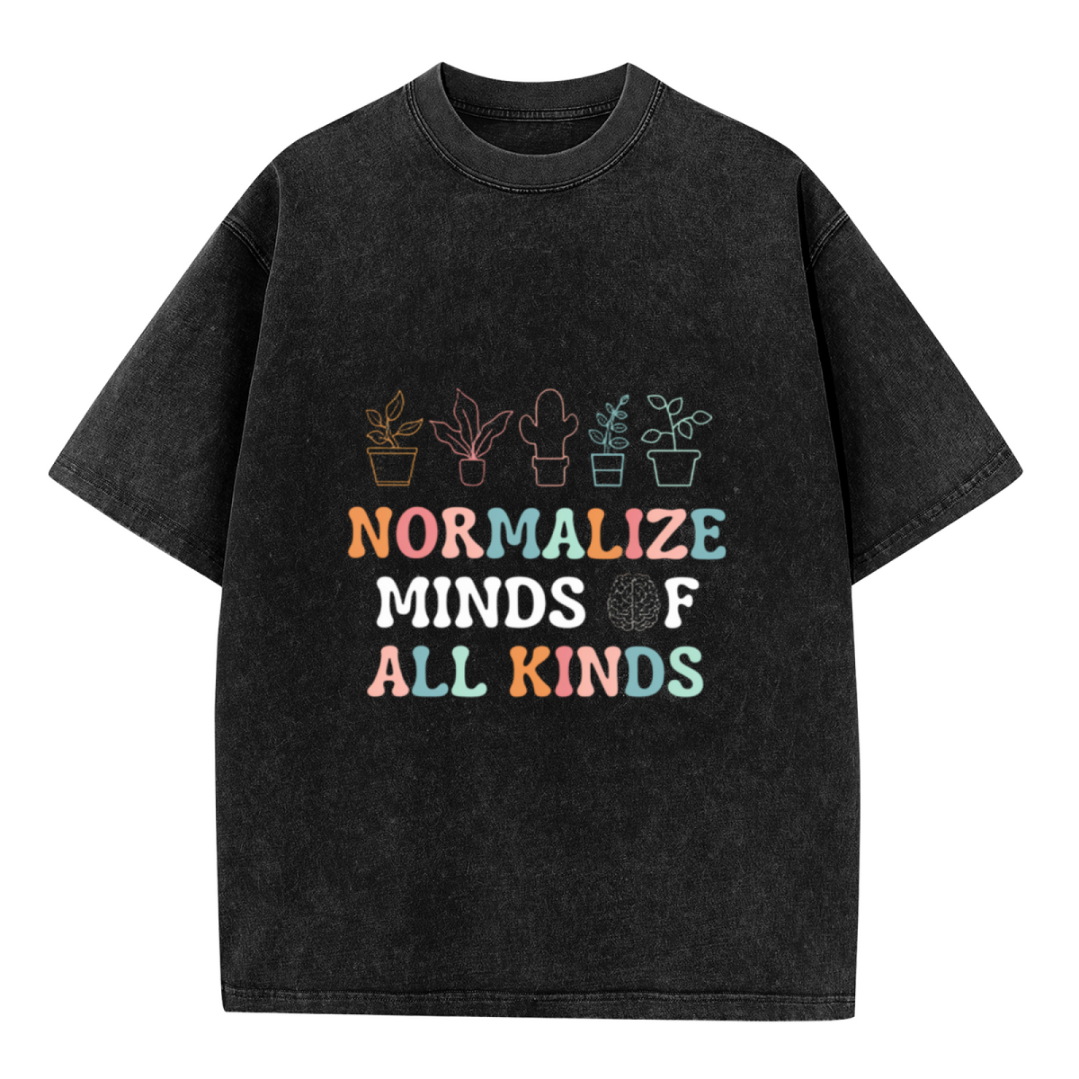 Unisex washed graphic T-shirt with Normalize Minds Of All Kinds themed design, product image