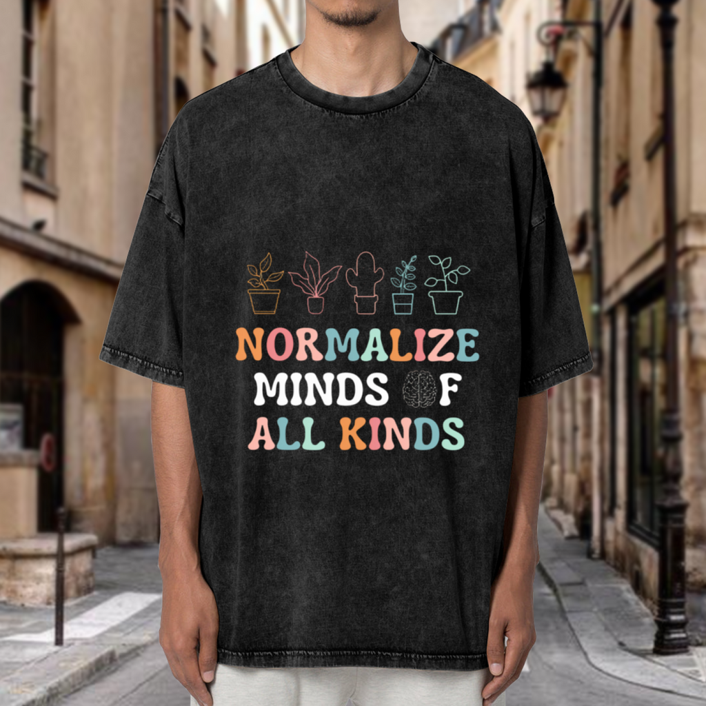 Unisex washed graphic T-shirt with Normalize Minds Of All Kinds themed design, product image